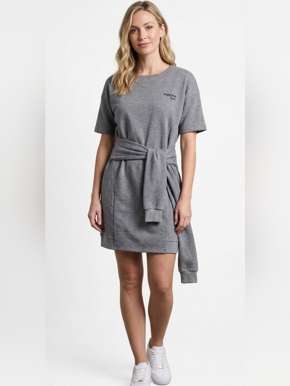 Triple Five Soul Short-Sleeve Belted Sweatshirt Mini Dress Heather Grey Large